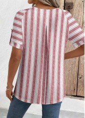 Geometric Print Brick Red Short Sleeve Round Neck Blouse