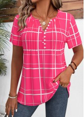 Plaid Hot Pink Short Sleeve Split Neck Shirt