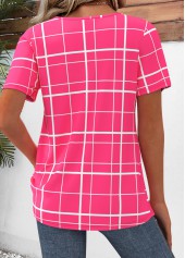 Plaid Hot Pink Short Sleeve Split Neck Shirt