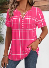 Plaid Hot Pink Short Sleeve Split Neck Shirt