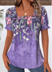 Floral Print Purple Short Sleeve Square Neck Blouse