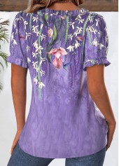 Floral Print Purple Short Sleeve Square Neck Blouse