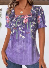 Floral Print Purple Short Sleeve Square Neck Blouse