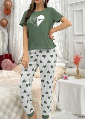Heart Print Sage Green Lounge Top and Pants