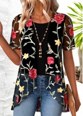 Floral Print Black Short Sleeve Cardigan and Tank Top