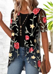 Floral Print Black Short Sleeve Cardigan and Tank Top