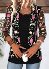 Floral Print Black 3/4 Sleeve Fake Two Piece Twinset