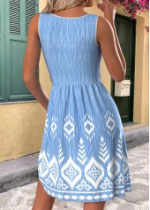 Tribal Print Light Blue Short Sleeveless Round Neck Dress