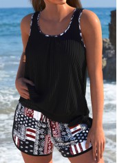 Mid Waisted Tribal Print Black Tankini Set