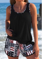 Mid Waisted Tribal Print Black Tankini Set