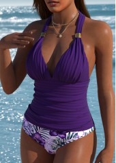 Mid Waisted Floral Print Purple Tankini Set