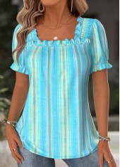 Multi Stripe Print Light Blue Short Sleeve Blouse
