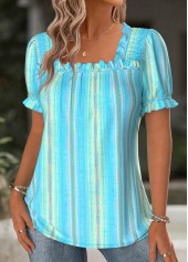 Multi Stripe Print Light Blue Short Sleeve Blouse