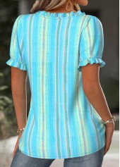 Multi Stripe Print Light Blue Short Sleeve Blouse