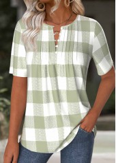 Plaid Light Green Short Sleeve Split Neck T Shirt
