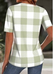 Plaid Light Green Short Sleeve Split Neck T Shirt