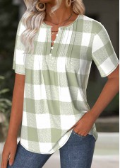 Plaid Light Green Short Sleeve Split Neck T Shirt