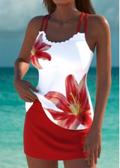 Plus Size Mid Waisted Red Floral Print Tankini Set