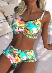 Mid Waisted Floral Print Multi Color Bikini Set