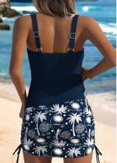 Mid Waisted Tropical Plants Print Navy Tankini Set