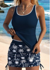 Mid Waisted Tropical Plants Print Navy Tankini Set