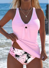 Mid Waisted Feathers Print Light Pink Tankini Set