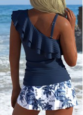 Mid Waisted Tropical Plants Print Navy Tankini Set