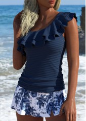 Mid Waisted Tropical Plants Print Navy Tankini Set