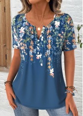 Floral Print Peacock Blue Short Sleeve T Shirt