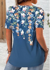 Floral Print Peacock Blue Short Sleeve T Shirt