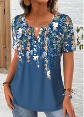 Floral Print Peacock Blue Short Sleeve T Shirt