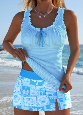 Mid Waisted Tropical Plants Print Light Blue Tankini Set