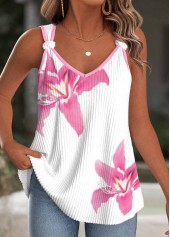 Floral Print White Strappy V Neck Tank Top