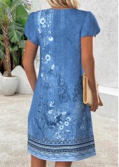 Tribal Print Blue Short Split Neck Dress