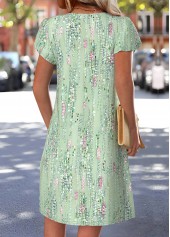 Geometric Print Sage Green Short Split Neck Dress