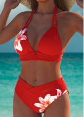 Mid Waisted Floral Print Red Bikini Set