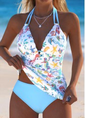 Mid Waisted Marine Life Print Light Blue Tankini Set