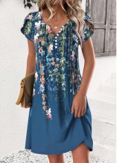 Floral Print Peacock Blue Short Split Neck Dress