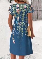 Floral Print Peacock Blue Short Split Neck Dress