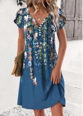Floral Print Peacock Blue Short Split Neck Dress