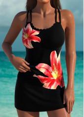 Mid Waisted Floral Print Black Tankini Set