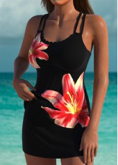 Mid Waisted Floral Print Black Tankini Set