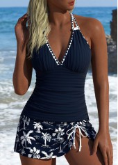 Tropical Plants Print Navy Tankini Set