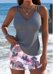Mid Waisted Tropical Plants Print Grey Tankini Set