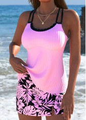 Mid Waisted Tropical Plants Print Pink Tankini Set