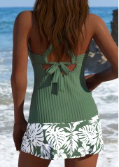 Mid Waisted Tropical Plants Print Sage Green Tankini Set