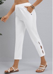 Button White Elastic Waist High Waisted Pants