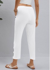 Button White Elastic Waist High Waisted Pants