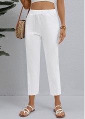 Button White Elastic Waist High Waisted Pants