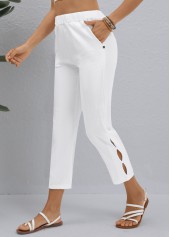 Button White Elastic Waist High Waisted Pants